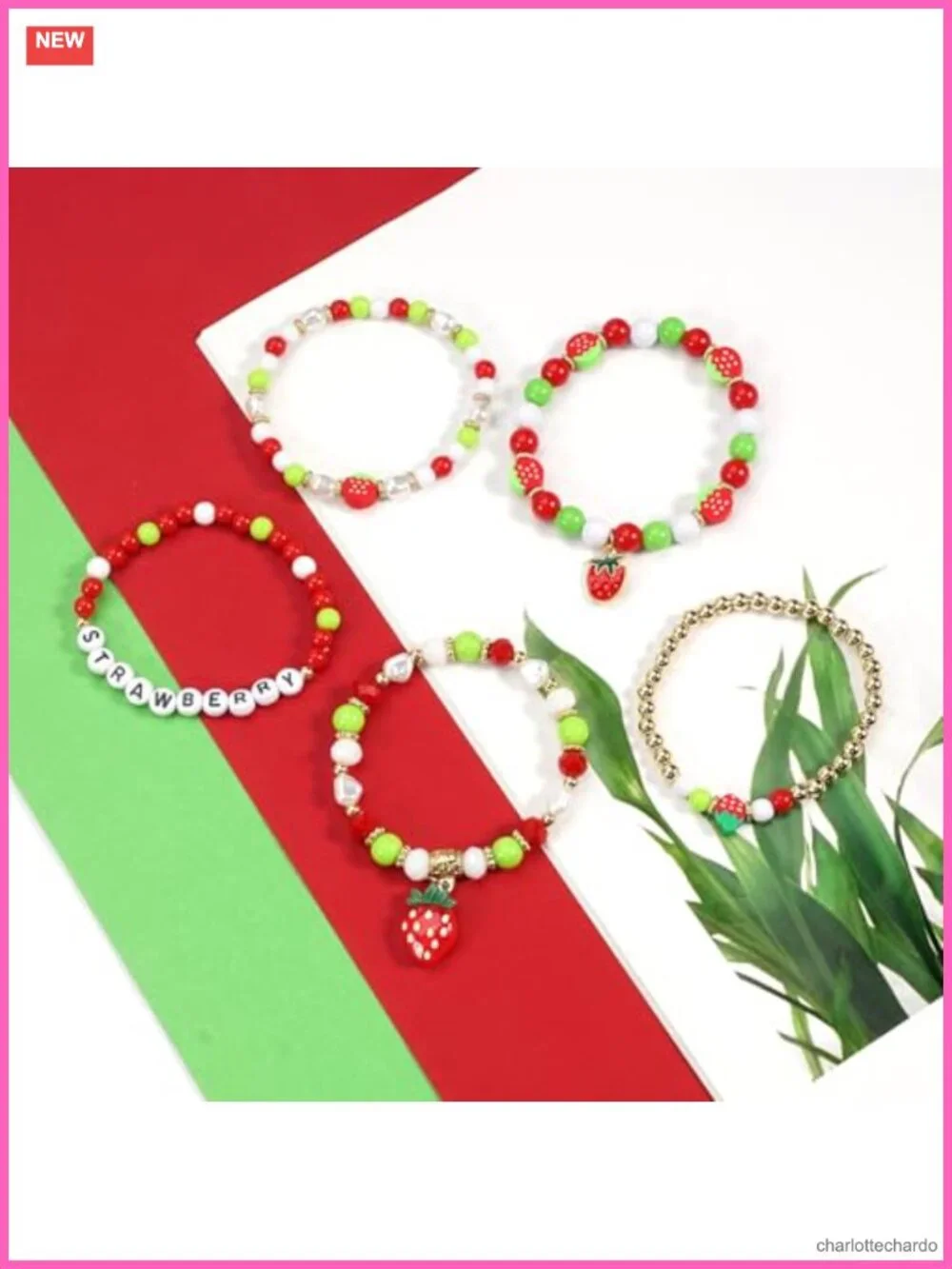 Pearl Heishi Beaded Stretch Bracelet Stackable Boho Strawberry Charms